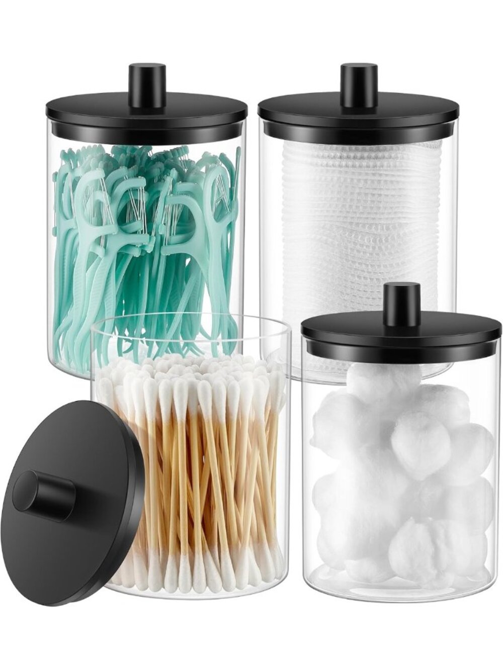 Clear Glass Qtip Holder Dispenser - 10 oz Apothecary Jar Set for Bathroom